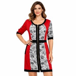 Almatrichi European Designer Red White Black Bold Floral Dress Size 44=12/14 US
